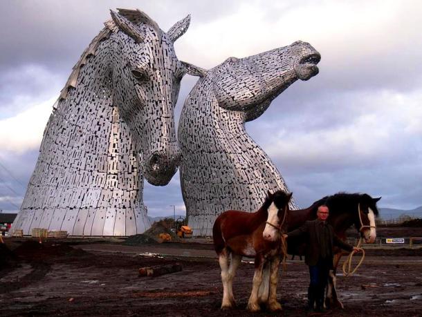 Equitecture: Sculptor Andy Scott stands with Clydesdales Duke and Baron, which served as models for The Kelpies.